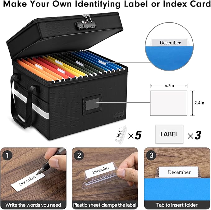 ETRONIK Fireproof Document Box with Lock, 2 Layer File Cabinet Organizer with 5 Tab Inserts, Portable Office Collapsible File Storage with Reflective Strip for Hanging Letter, Legal Size Folder