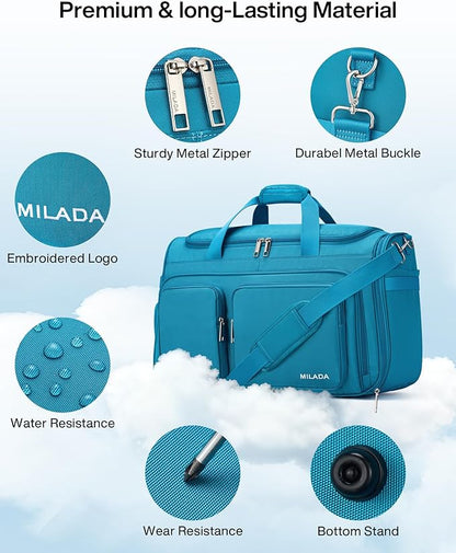 MILADA Carry On Luggage Bags for Travel Large Foldable Duffle Bag for Travel Lightweight Personal Bags for Airplanes Weekend Overnight Bags for Women Mens Travel Bag, Caribbean Blue