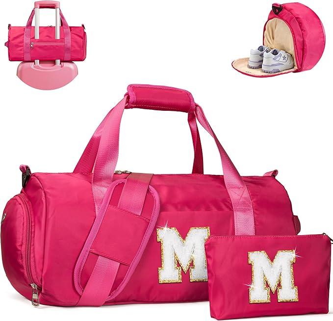 Gifts for Teen Girl, Girls Travel Duffel Bag, Kids Initial Overnight Bags with Shoe Compartment, Customized Sport Gym Weekender Bag with Makeup Pouch, Stocking Stuffers for Kid (Letter M)
