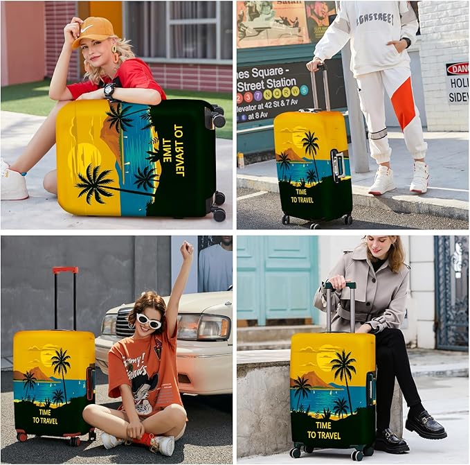 ANNA QUEEN Tropical Vacation Luggage Cover, Sunset & Beach Island Design, Stretchable, Washable Suitcase Protector for 20-34 Inch Luggage
