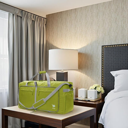 Bago Large Foldable Duffel Bags for Traveling Women & Men - 120L Packable Duffle Bag for Travel with Shoe Compartment - Water Repellant, Heavy Duty, Lightweight Folding & Collapsible (Green)