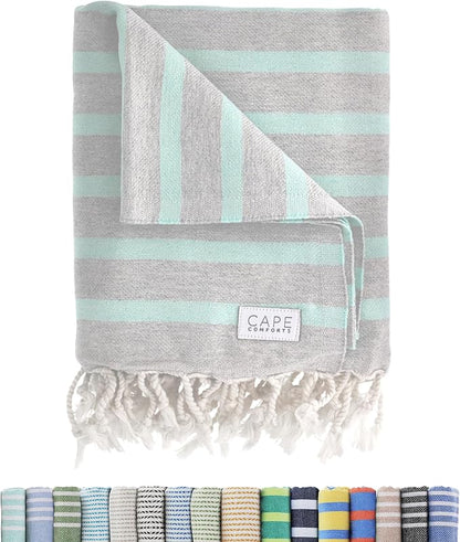 Large Turkish Beach Towel, Striped Light Grey & Mint - 37'' x 67'' - Super Soft & Lightweight - Quick Dry Sand Free Travel Towels for Beach or Bath - Gifts