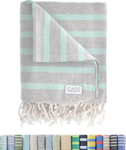 Large Turkish Beach Towel, Striped Light Grey & Mint - 37'' x 67'' - Super Soft & Lightweight - Quick Dry Sand Free Travel Towels for Beach or Bath - Gifts