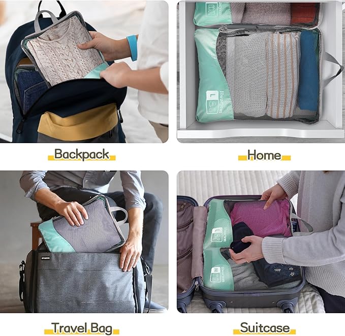 Compression Packing Cubes 8 Set, Dual Zipper Compression Packing Cubes for Travel, See-Through Mesh Packing Bags for Suitcases, packing cubes with shoe bag