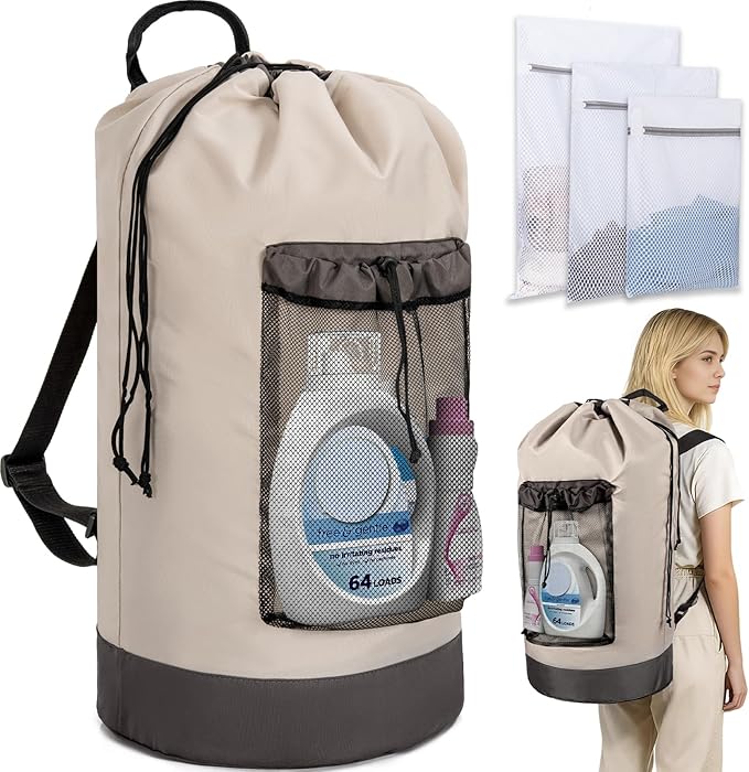Laundry Bag Backpack with 3 Sizes Mesh Wash Bags and Shoulder Straps Foldable Clothes Hamper Bag with Drawstring Closure for College, Apartment, Laundromat (Grey)