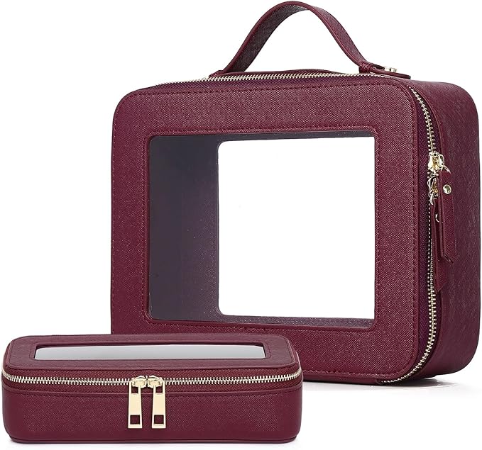 Pinkmik Clear Makeup Bag with Brush Bag 2pcs Waterproof Travel Case for Cosmetics and Toiletries Women's Cosmetic Organizer with Zipper (X/Burgundy, L+SLIM)