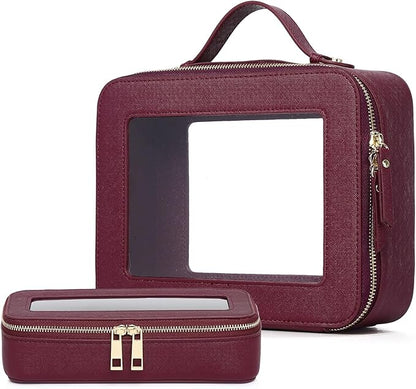 Pinkmik Clear Makeup Bag with Brush Bag 2pcs Waterproof Travel Case for Cosmetics and Toiletries Women's Cosmetic Organizer with Zipper (X/Burgundy, L+SLIM)