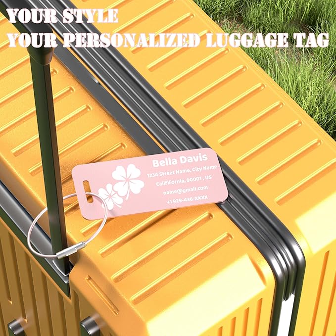 4 PCS Personalized Luggage Tags for Suitcases, Custom Aluminum Luggage Tags for Bags and Backpacks, Waterproof & Heavy Duty Personalized Metal Name Tags for Travel (Pink)
