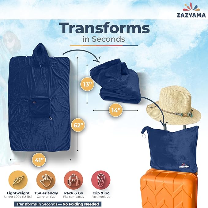 3-in-1 Travel Blanket Airplane – Compact with Bag & Pillow Combo Set, Navy Blue Ultra-Soft Fleece | Packable Blanket Compact | Hidden Pocket | Trolley Sleeve | Carabiner | Travel Essentials