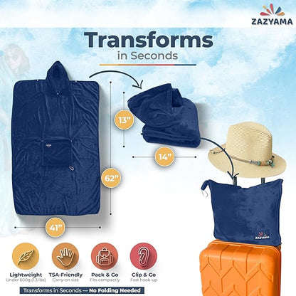 3-in-1 Travel Blanket Airplane – Compact with Bag & Pillow Combo Set, Navy Blue Ultra-Soft Fleece | Packable Blanket Compact | Hidden Pocket | Trolley Sleeve | Carabiner | Travel Essentials