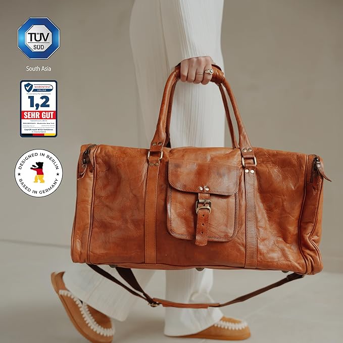 Berliner Bags Vintage Genuine Leather Duffle Bag New York L for Travel or the Gym, Weekender, Travel Bag, Overnight Bag for Men and Women - Brown