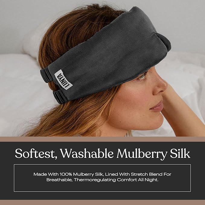 Lunya Weighted Silk Sleep Mask – Mulberry Silk Eye Cover with Cooling Glass Beads, Noise-Reducing Fit, Washable Fabric, and Travel Pouch – Sleeping Mask for Men and Women - Meditative Grey – Small