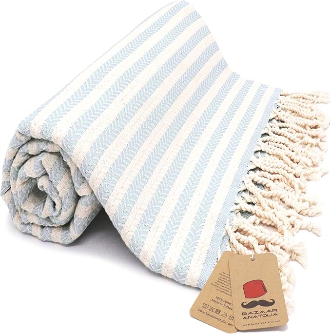 Bazaar Anatolia Turkish Beach Towel – 100% Cotton, Quick Dry, Sand Free Striped Towel for Bathroom, Travel, Camping – Oversized 71x39 Inches – Arpa Light Blue