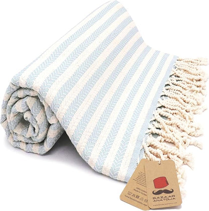 Bazaar Anatolia Turkish Beach Towel – 100% Cotton, Quick Dry, Sand Free Striped Towel for Bathroom, Travel, Camping – Oversized 71x39 Inches – Arpa Light Blue