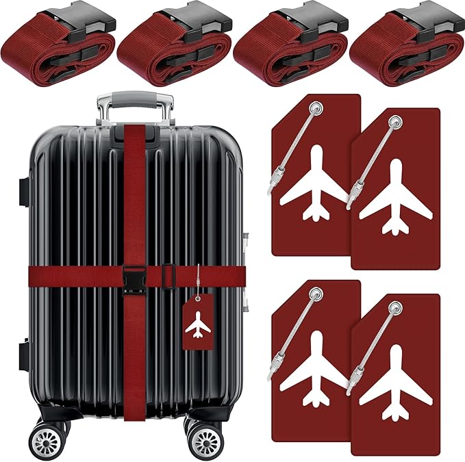 Weewooday 8 Pcs Luggage Straps Suitcase Tags Set for TSA Approved, 4 Travel Adjustable Suitcase Belt, 4 Silicone Luggage Tags with Name ID Card Travel Accessories(Wine Red,Airplane)