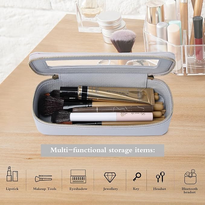 Pinkmik Makeup Brush Case Clear Travel Cosmetic & Toiletry Bag Small Makeup Bag with Zipper Purse Organizer Car Essential Bag for Women (Gray, SLIM)
