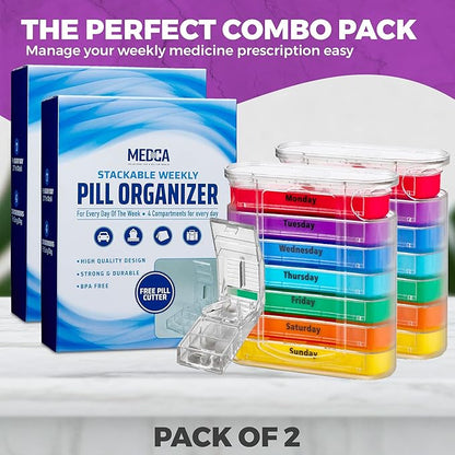Weekly Pill Organizers with Pill Cutter - V-Grip Pill Splitter (Pack of 2) Stackable Pill, Medicine, Vitamin Organizer with 4 Times-a-Day Daily Compartments, 2 Dispensers with Stackable AM/PM Boxes