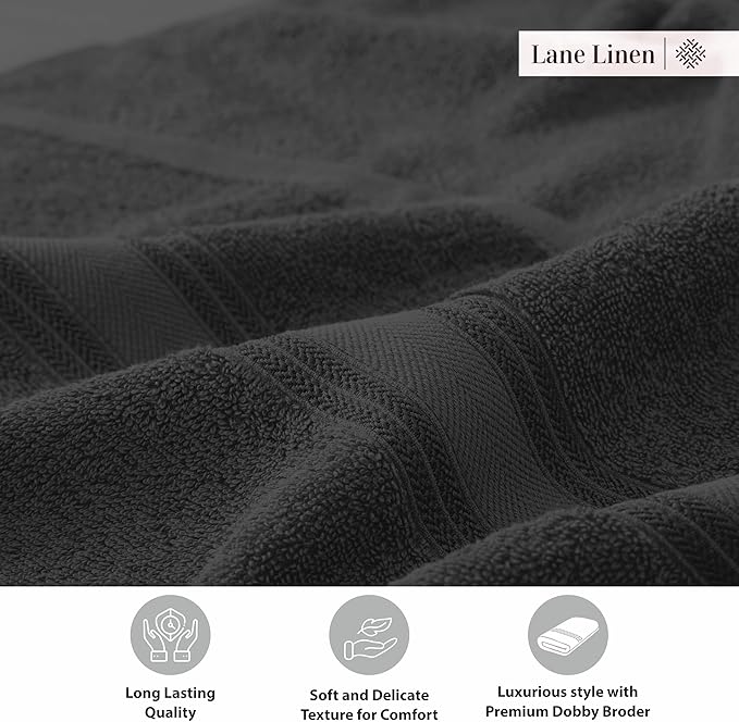 LANE LINEN 100% Cotton Bath Towels 4 Pack (30"x60") - Zero Twist, Mercerized Cotton Large Towel Set for Bathroom - Quick Dry, Soft & Absorbent Large Bath Towel Set - Oeko Tex Certified - Black Towels