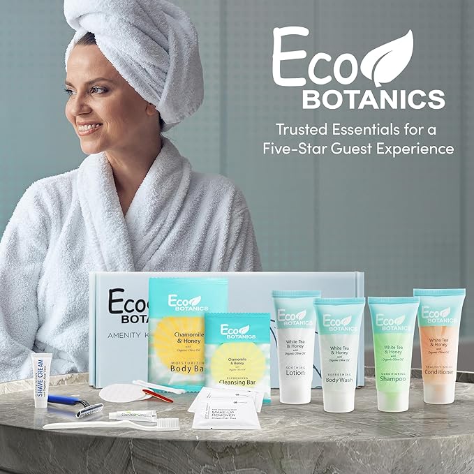 Eco Botanics Amenity & Accessory Kit | 0.85 oz Travel Size Shampoo, Conditioner, Lotion, Body Wash, Body Bar, Cleansing Bar, Shave & Dental Sets, Make-Up Remover Wipes, & Vanity Kit | 15 sets per case
