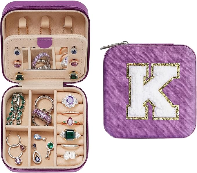 Parima Christmas Stocking Stuffers Gifts for Teenage Girls Women - Small Travel Jewelry Box, Travel Jewelry Case for Necklace Earrings Rings Organizer | Birthday Gifts for Mother - Letter K, Purple