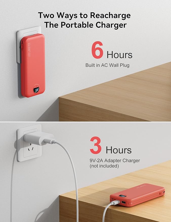 12000mAh Ultra-Portable-Charger-Power-Bank with Built in Cables&AC Wall Plug,PD20W USB-C Fast Charging Cell Phone Charger Battery Pack,LED Display Travel Battery Bank for All iPhone,Samsung,Android