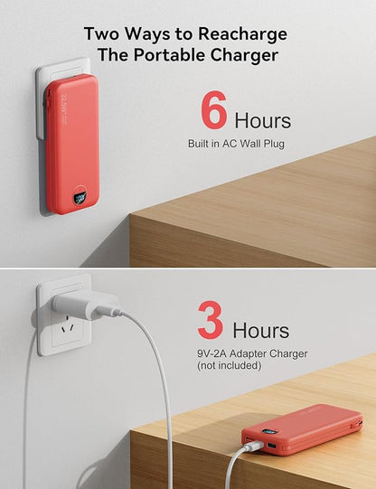 12000mAh Ultra-Portable-Charger-Power-Bank with Built in Cables&AC Wall Plug,PD20W USB-C Fast Charging Cell Phone Charger Battery Pack,LED Display Travel Battery Bank for All iPhone,Samsung,Android