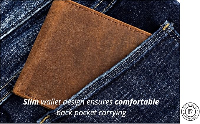 Brown Mens Leather Bifold Wallet with RFID Blocking Theft Protection, 5 card wallet slots & ID Window. Slim minimalist, distressed leather wallets for men.