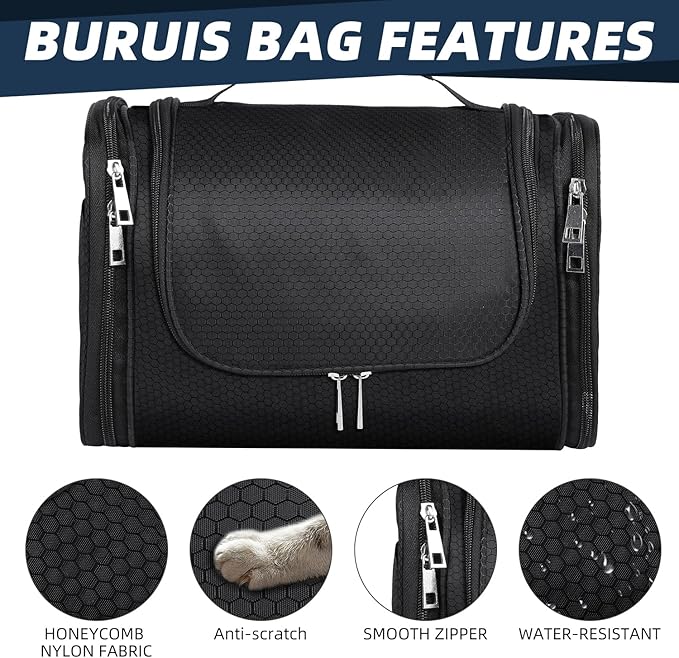 Buruis Large Toiletry Bag for Women and Men, Hanging Travel Bag for Makeup, Cosmetics, Shaving, Toiletries, Water-Resistant Dopp Kit for Gym, Camping, or Daily Use, Black