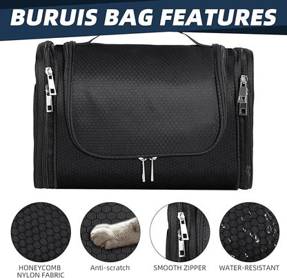 Buruis Large Toiletry Bag for Women and Men, Hanging Travel Bag for Makeup, Cosmetics, Shaving, Toiletries, Water-Resistant Dopp Kit for Gym, Camping, or Daily Use, Black