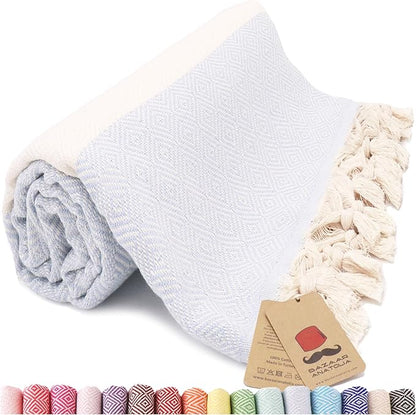 Bazaar Anatolia Turkish Beach Towel – 100% Cotton, Quick Dry, Sand Free Towel for Bathroom, Camping, Travel – Oversized 71x39 Inches – Diamond Light Blue