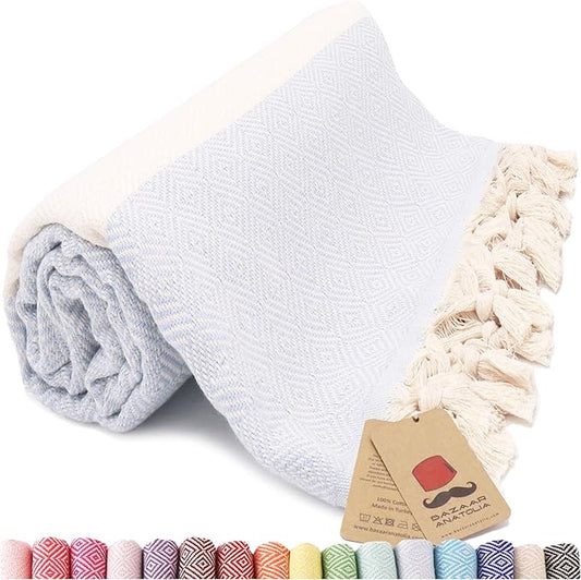 Bazaar Anatolia Turkish Beach Towel – 100% Cotton, Quick Dry, Sand Free Towel for Bathroom, Camping, Travel – Oversized 71x39 Inches – Diamond Light Blue