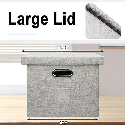 4-Pack Modern Minimalist Beige Collapsible Linen File Folder Box Office Document Storage Filing Bin with Lid for Letter Legal Size Hanging Folders