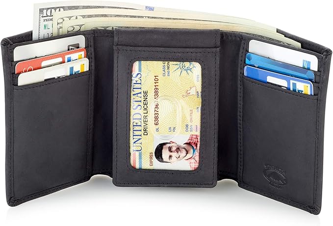 Stealth Mode Trifold Leather Wallet for Men with ID Holder and RFID Blocking (Black)
