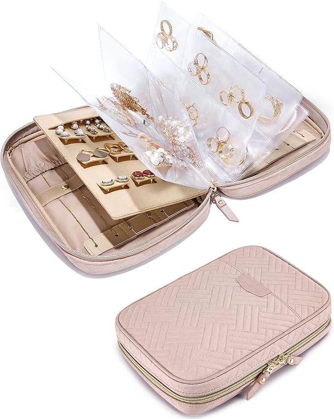 BAGSMART Large Jewelry Travel Organizer Case for Home Jewelry Organizer Storage Ring Binder Jewelry Bags Clear Jewelry Rolls Zipper Pouch Bag for Necklaces, Earrings, Rings, Bracelets, Pink