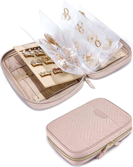 BAGSMART Large Jewelry Travel Organizer Case for Home Jewelry Organizer Storage Ring Binder Jewelry Bags Clear Jewelry Rolls Zipper Pouch Bag for Necklaces, Earrings, Rings, Bracelets, Pink