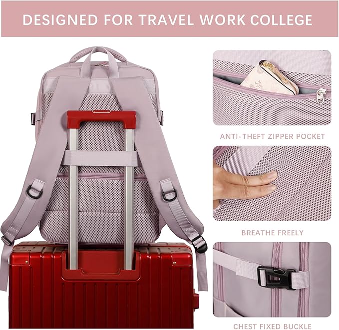 SHRRADOO Travel Laptops Backpack for Women Men, Casual Work Bag 17inch High School College Backpack Airline Approved Backpack for Hiking Business (Pink khaki)