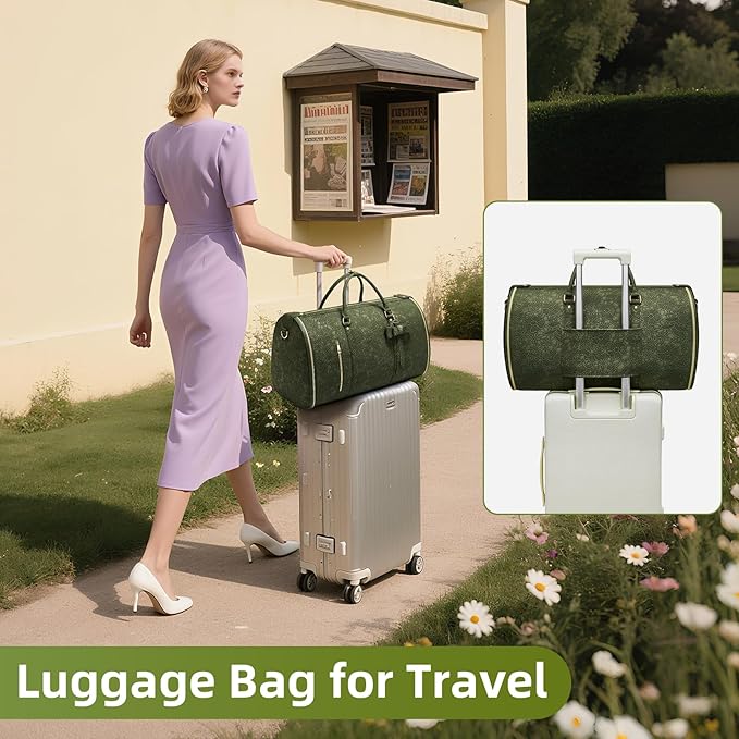 Garment Duffle Bag for Travel, 2-in-1 Foldable Carry On Garment Bag with Shoe Compartment & Toiletry Pocket, Convertible Weekender Bags for Women Business Travel, Vacation, Party, Deep Green