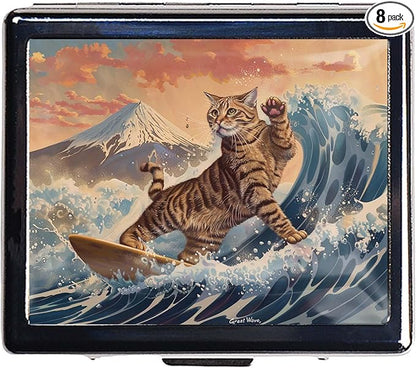 7 Days Chromed Shiny Silver Pill Organizer with Mirror Inside Has 8 Separate Compartments Rectangle Cute Travel Pill Organizer for Purse 7 Days (Surfer cat)