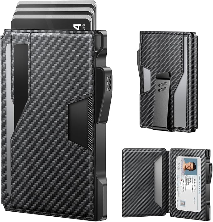 typecase Wallet for Men: Rfid-blocking with Money Clip Slim Leather Bifold ID Window Smart Pop Up Card Case Front Pocket Wallet with Gift Box (Carbon Fiber Black)