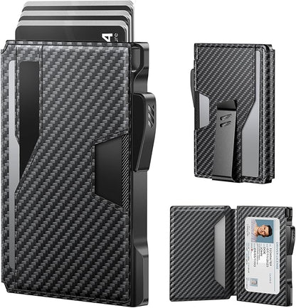 typecase Wallet for Men: Rfid-blocking with Money Clip Slim Leather Bifold ID Window Smart Pop Up Card Case Front Pocket Wallet with Gift Box (Carbon Fiber Black)