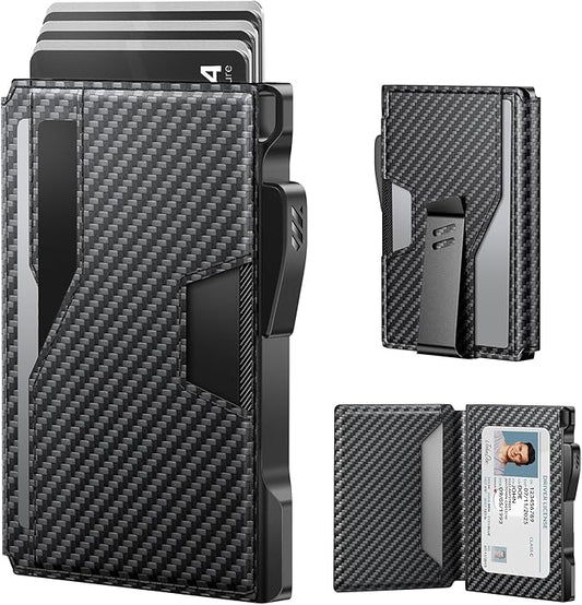 typecase Wallet for Men: Rfid-blocking with Money Clip Slim Leather Bifold ID Window Smart Pop Up Card Case Front Pocket Wallet with Gift Box (Carbon Fiber Black)