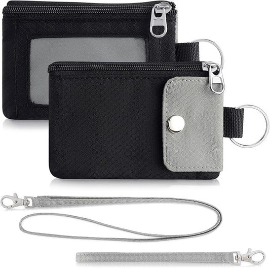 Minimalist Wallet For Mens Womens, Keychain RFID Blocking Zipper Small Wallet with ID Window 2 Lanyards,Water Resistant Travel Cash Card Coin Case Boys Girls