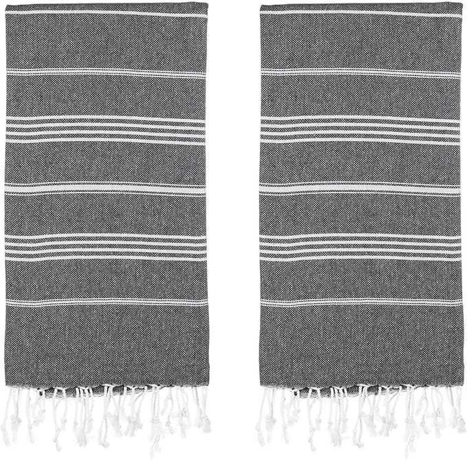 Turkish Beach Towels, Pack of 2 | Oversized, Quick Dry, Sand Free | 100% Cotton, Large 38x71 Towels for Beach, Pool, Travel | Ultra-Soft, Compact, and Absorbent | Black