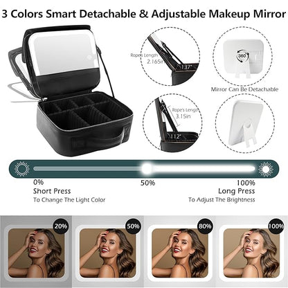 MOMIRA Travel Makeup Bag Cosmetic Bag Makeup Organizer Bag with Lighted Mirror, Adjustable Brightness in 3 Color Scenarios, Waterproof Makeup Train Case, Gift for Women - Woven black