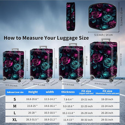 Suitcase Cover for Luggage 18-21 Inch, Washable Elastic Anti-Scratch Luggage Protector, Durable Zipper Baggage Cover with Handle Wrap, Travel Accessories for Suitcase, Purple-Green Rose