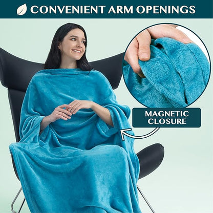 PAVILIA Travel Blanket and Pillow, Arms Opening Airplane Blankets for Adults, Compact Plane Blanket with Arm Hole 2-in-1 Bag for Flight Car Camping Fit in Luggage Backpack Traveler Gift, Teal Blue