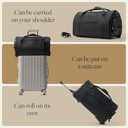 Wool & Oak - NOVA Large Duffle Bag with Wheels - Carry On Garment Duffle Bags for Travel, Overnight, Hospital, Travel Bags with Shoe Compartment, Tech Pocket - Gifts for Men (Leather, Jet Black)