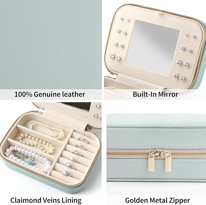 Genuine Leather Travel Jewelry Organizer Case with Mirror for Women, Small Mini Portable Jewelry Box for Ring Earrings Necklace Bracelet Luxury Gift for Women（Mint Green）
