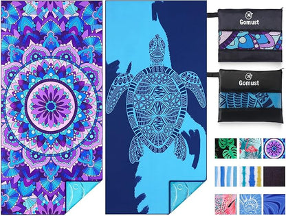 2 Pack Lightweight Thin Beach Towel Oversized 71"x32" Big Extra Large Microfiber Sand Free Towels for Adult Quick Dry Travel Camping Beach Accessories Vacation Essential Gift Blue Sea Turtle Mandala