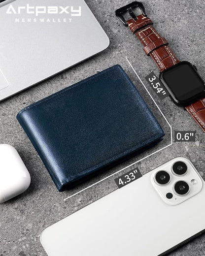 Mens Wallet Bifold Genuine Leather RFID Blocking Wallet for Men with 1 ID Windows 13 Card Holders 2 cash pockets 1 Gift Box